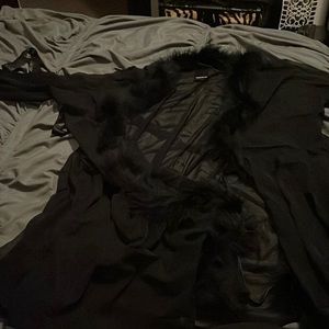 NWT Black Fur Edge Sheer Short Robe